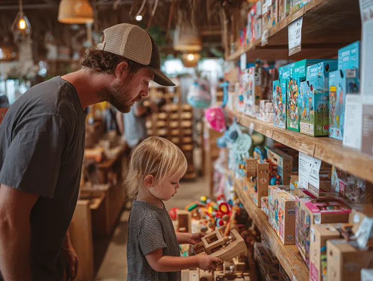 Educational Toys in Bali 2026 – Expat father and toddler exploring a local kids concept store in Canggu