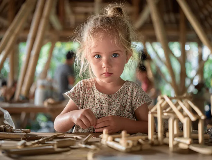 Toddler Activities in Bali 2026 – Children building model houses in a supervised bamboo craft workshop
