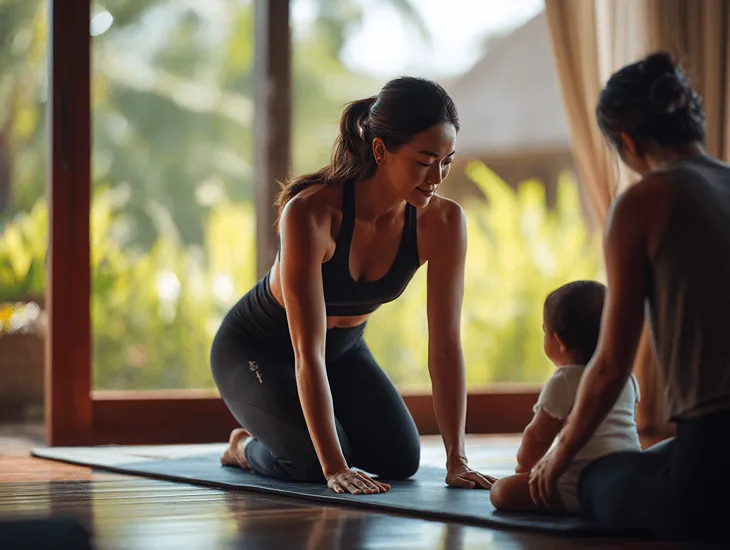 Postnatal Yoga in Bali 2026 – Gentle core recovery, pelvic floor exercises, and infant bonding sessions