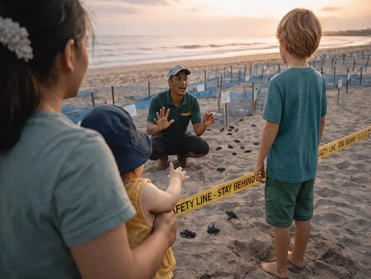Baby Turtle Adoption in Bali – Ethical conservation setting, strict no-touch rules, and a realistic challenge for expat families with toddlers
