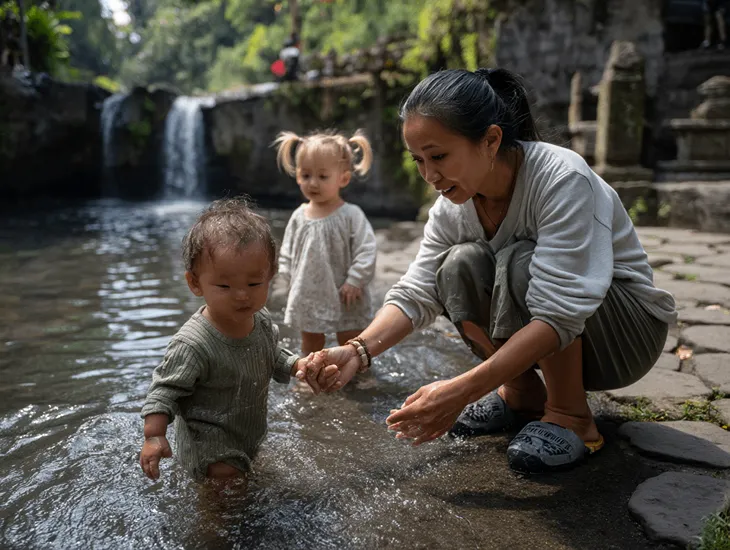 Tegenungan Waterfall in Bali 2026 – A babysitter helping a young boy walk down steep concrete steps.