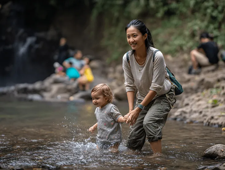 Childcare in Indonesia 2026 – A professional babysitter comforting a child during a splashy rapid section on the river.