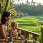 Bali babysitter Activities 2026 – Professional caregiver supervising children on a scenic terrace while parents enjoy a quiet coffee break.