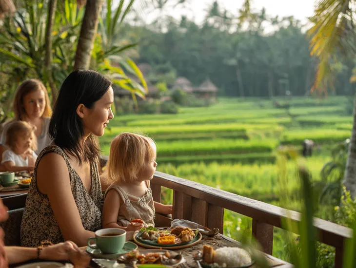 Bali babysitter Activities 2026 – Professional caregiver supervising children on a scenic terrace while parents enjoy a quiet coffee break.