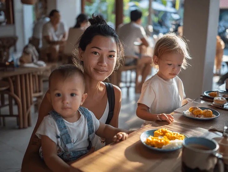 Volcano Views 2026 – A professional babysitter adjusting a child's fleece jacket while sitting at an outdoor table overlooking Mount Batur.