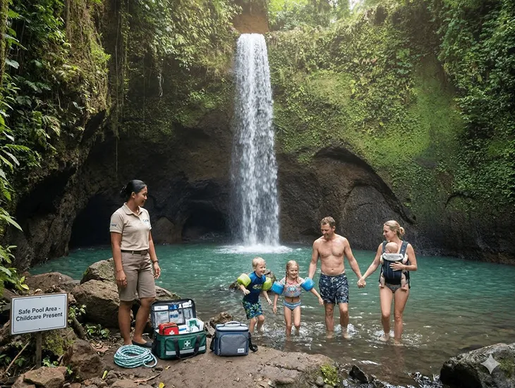 Tibumana Waterfall in Bali 2026 – A childcare provider checking water depth before allowing children to swim.