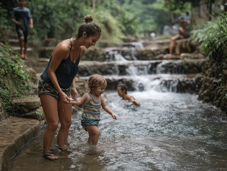 Water Safety in Indonesia 2026 – Children wearing protective non-slip water shoes while walking on river rocks.