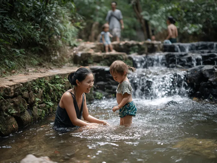 Bali babysitter Supervision 2026 – A professional caregiver and a child sitting safely on a dry rock away from the crowd.