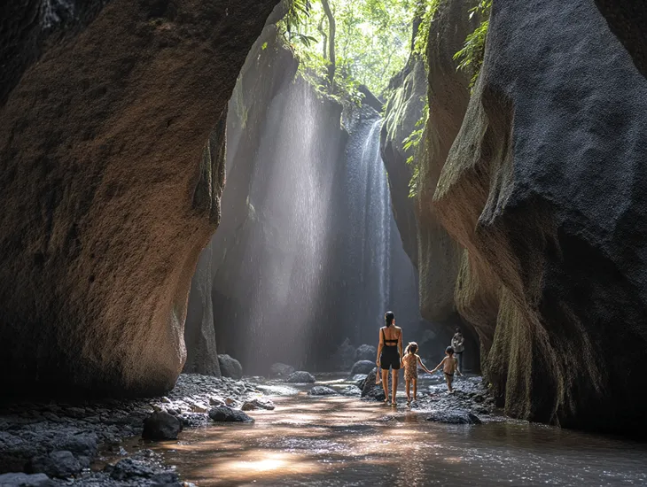 Tukad Cepung Waterfall in Bali 2026 – A professional babysitter helping a child walk through shallow river water inside a canyon.