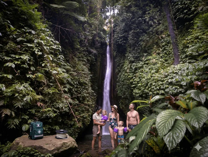 Waterfall in Indonesia 2026 – A professional babysitter in Indonesia guiding children through a lush jungle trail safely.