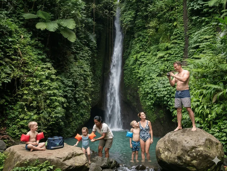 Jungle trekking in Indonesia 2026 – Childcare provider in Bali using a baby carrier to navigate steep stairs safely.