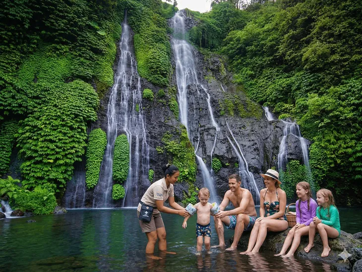 Waterfall safety in Bali 2026 – A dedicated babysitter helping a child stay hydrated during a steep jungle ascent.