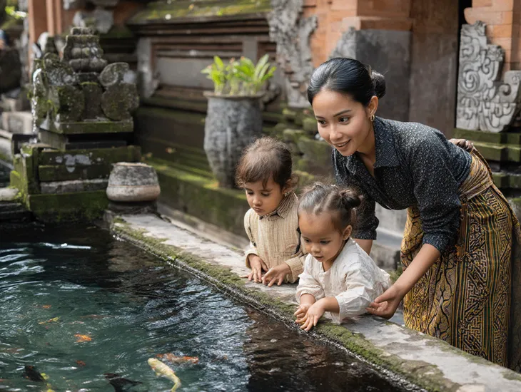 Ritual in Indonesia 2026 – A professional caregiver helping a child participate in a water ritual safely.
