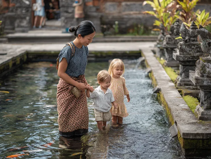 Bali Cultural Tour 2026 – A babysitter in Bali guiding a school-age child through temple grounds respectfully.