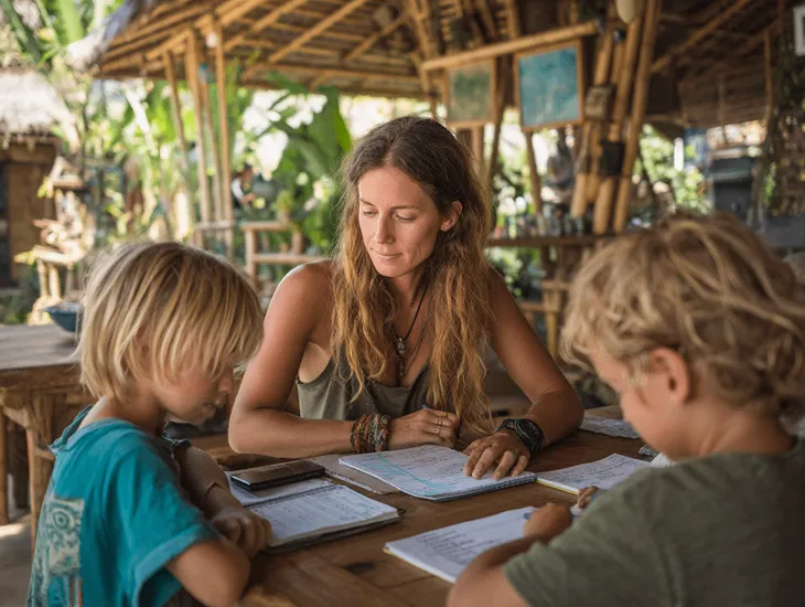Sustainable Education Bali 2026 – A professional babysitter supervising children at the bamboo campus.