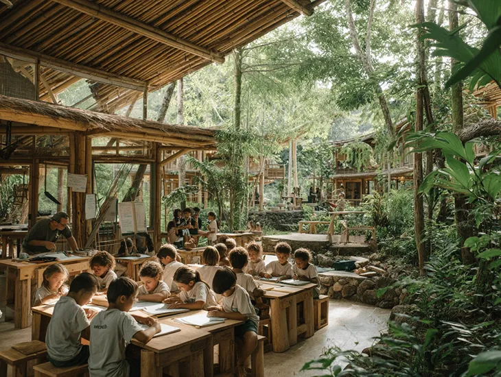 Bamboo Architecture Bali 2026 – A professional babysitter and a child looking at intricate bamboo joints.