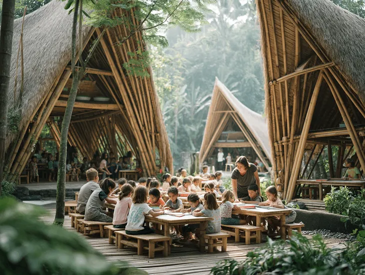 Jungle Campus Bali 2026 – A caregiver holding a toddler's hand while walking up a set of stone steps carved into a hillside.