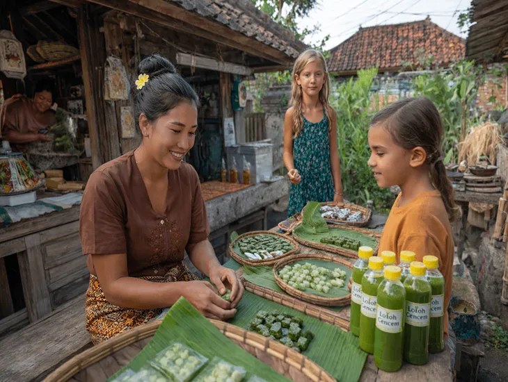 Traditional Food in Bali 2026 - Family tasting local sweet rice cakes and herbal drinks at a village stall