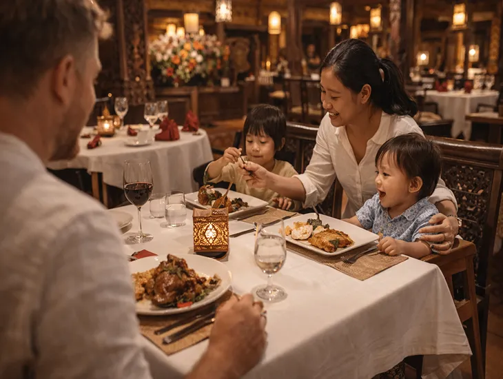 Upscale Restaurants in Bali 2026 - Children feeding fish from a floating bamboo dining pavilion