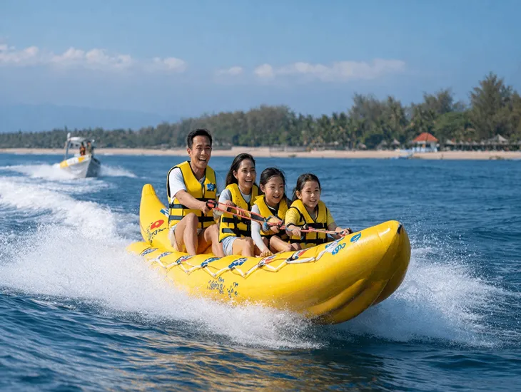 Banana Boat Adventure in Bali 2026 – Family safety gear, inflatable raft design, and speedboat towing in Tanjung Benoa