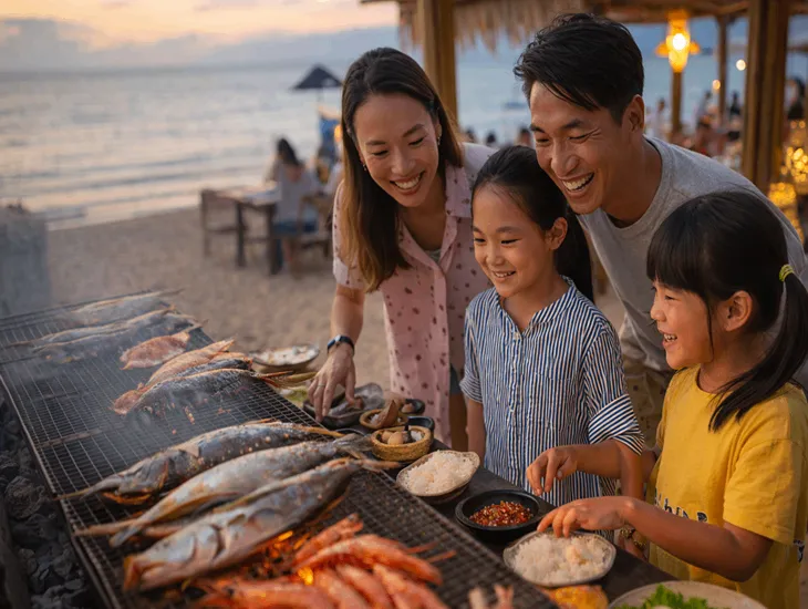 Jimbaran Seafood Feast 2026 – Grilled snapper, prawns, and calamari satay platters for WNAs