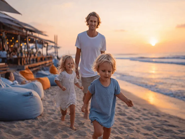 Sunset Spots in Bali 2026 – Seminyak Beach relaxed paddling, flat sandy shoreline, and easy family facilities for golden hour