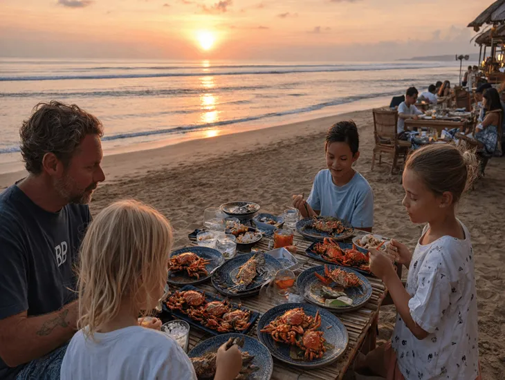 Sunset Spots in Bali 2026 – Jimbaran beach dinner setting, shallow water comfort, and toddler-safe sunset time on the sand