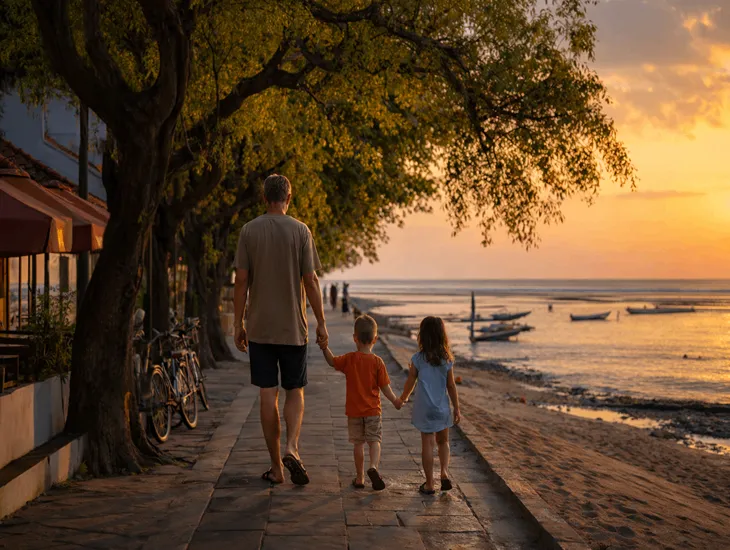 Sunset Spots in Bali 2026 – Sanur boardwalk strolls, reef-protected shallow water, and calm family evenings with shade