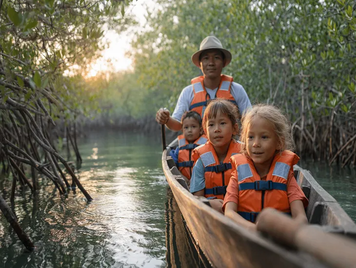 Bali Mangrove Safety 2026 – Traditional sampan boat stability, life jacket requirements for children, and professional guide standards for coastal nature tours.