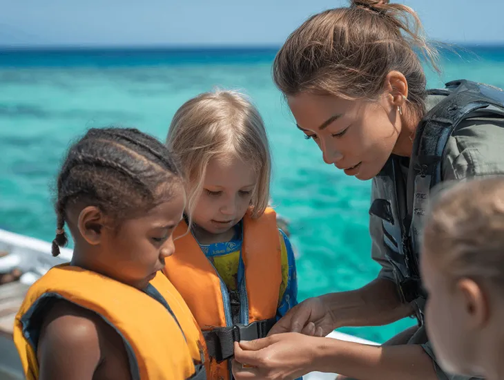 Family Liveaboard Bali 2026 – Child wearing a correctly fitted life jacket while standing on the wooden deck of a schooner