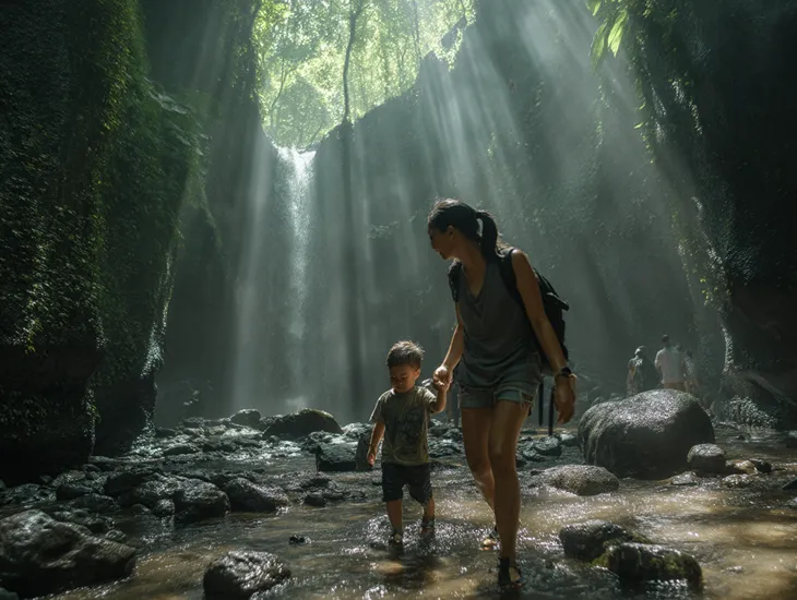 Waterfall Wading Safety 2026 – Children wearing sturdy water shoes while splashing in ankle-deep water near a large rock formation in a canyon.