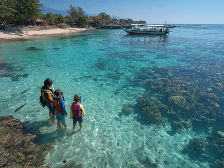 Child Marine Safety 2026 – A professional guide using a flotation ring to assist a young child while they observe coral reefs from the surface.