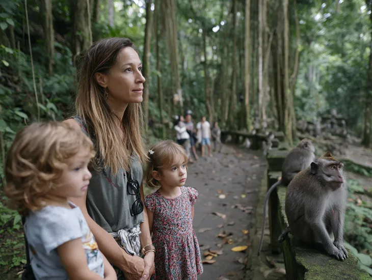 Sacred Monkey Forest in Bali 2026 – A family walking safely along a stone path surrounded by ancient banyan trees.