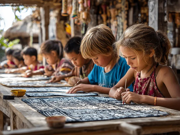 Child Safety in Workshops 2026 – A professional instructor guiding a child applying wax to fabric.