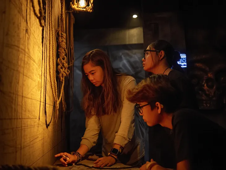 Bali Escape Room Safety 2026 – A professional game master explaining the emergency exit procedures to a family before they enter a themed room.