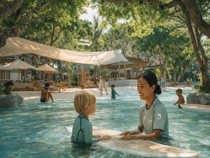 Summer Activities in Bali 2026 – Children playing safely in a tropical splash zone with supervised water slides