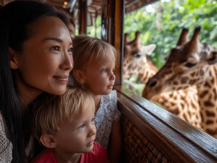 Wildlife Safari in Indonesia 2026 – Families observing exotic animals from a secure air-conditioned tram during summer