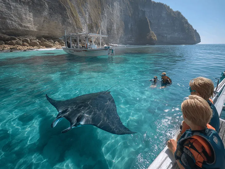 Summer Activities in Bali for Kids 2026 – Manta ray snorkeling adventure, guided ocean safety, and exciting marine discovery for older children