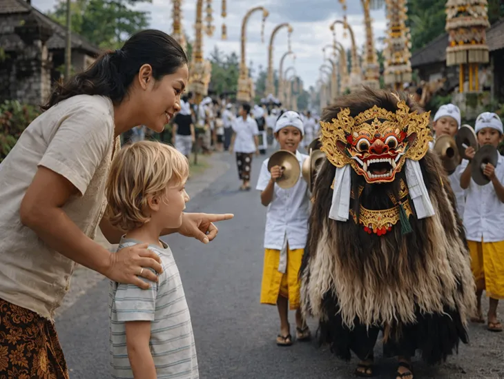 Ngelawang Barong in Bali 2026 – Local children parading a mythical lion creature through village streets.