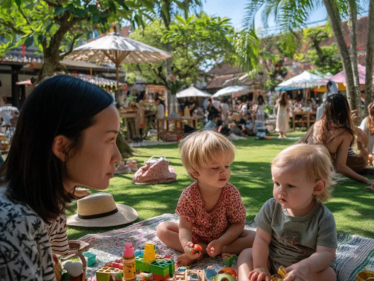 Sunday Markets in Bali 2026 – Professional babysitter in Indonesia assisting kids at an outdoor organic market