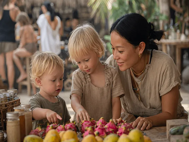 Sunday Markets in Bali at Samadi Canggu with organic produce stalls, family-friendly courtyard, kids exploring safely