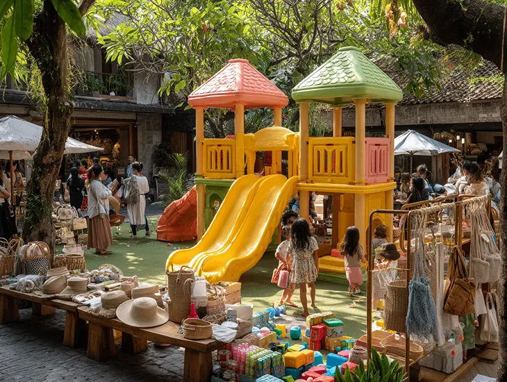 Sunday Markets in Bali with kids playground, family shopping stalls, safe play area, and babysitter supervision