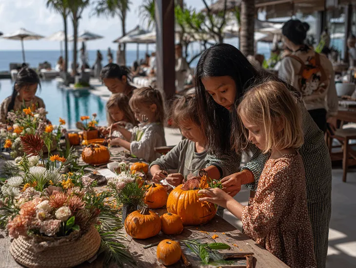 Halloween Events in Bali 2026 – Children participating in pumpkin crafting and face painting workshops at a resort