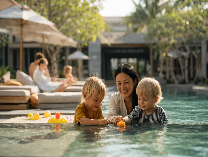 Budget Hotels in Bali 2026 - Parents relaxing by the pool while children play safely with a caregiver