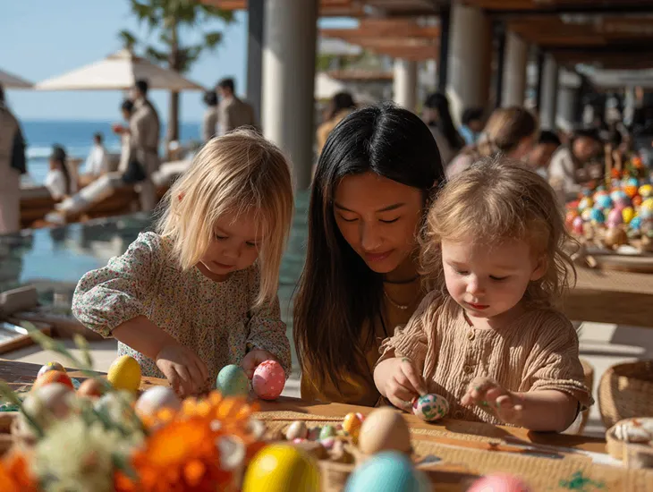 Easter In Bali 2026 - Children finding chocolate eggs during a sunny beachfront holiday brunch
