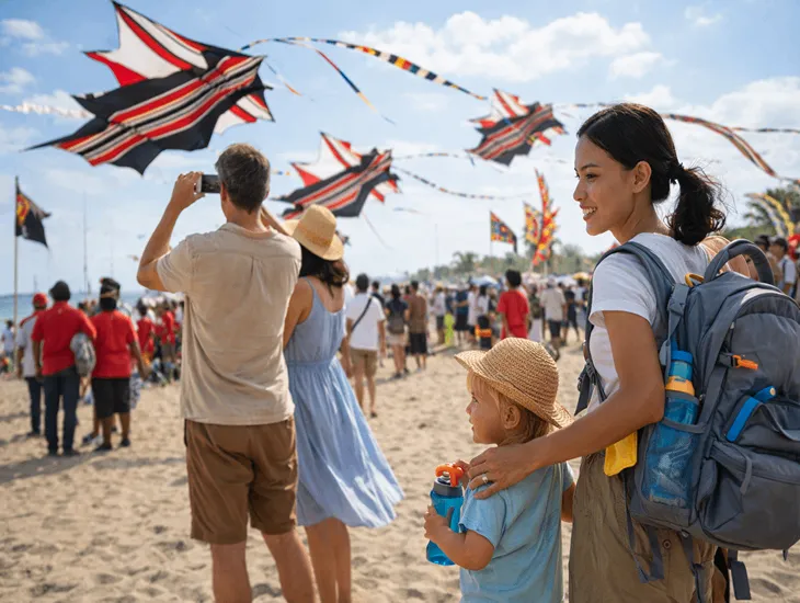 Kite Festival in Bali 2026 – Giant bamboo kites launching safely above crowded coastal beaches.