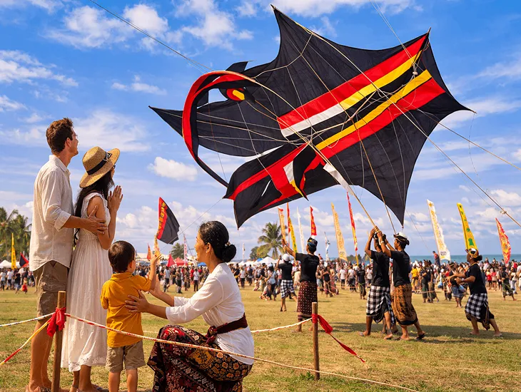 Kite Festival in Bali 2026 – Red, white, and black sacred kites honoring Hindu deities in the sky.