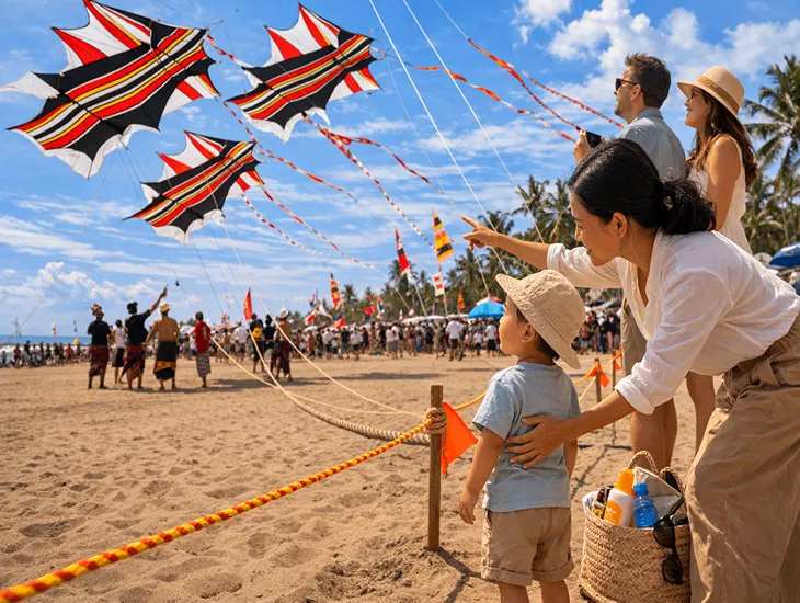 Festival Safety in Indonesia 2026 – Child wearing a wide hat applying reef safe sunscreen outdoors.