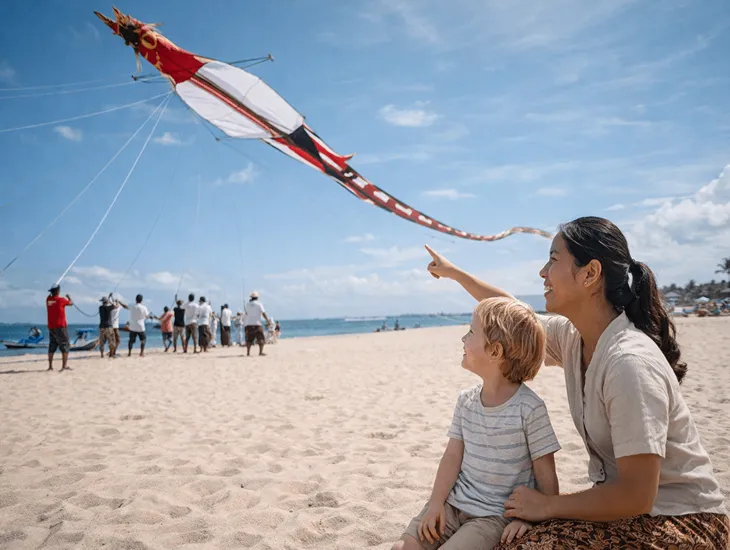 Festivals in Bali 2026 – Giant traditional kites shaped like fish and birds flying over Padang Galak beach in Sanur