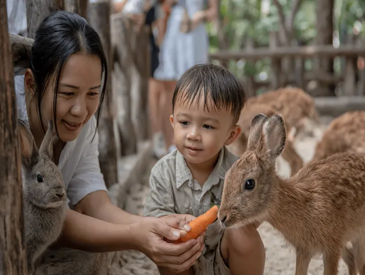 Child-Animal Bonding 2026 – A professional childcare assistant playing with building blocks with a toddler on a shaded patio.